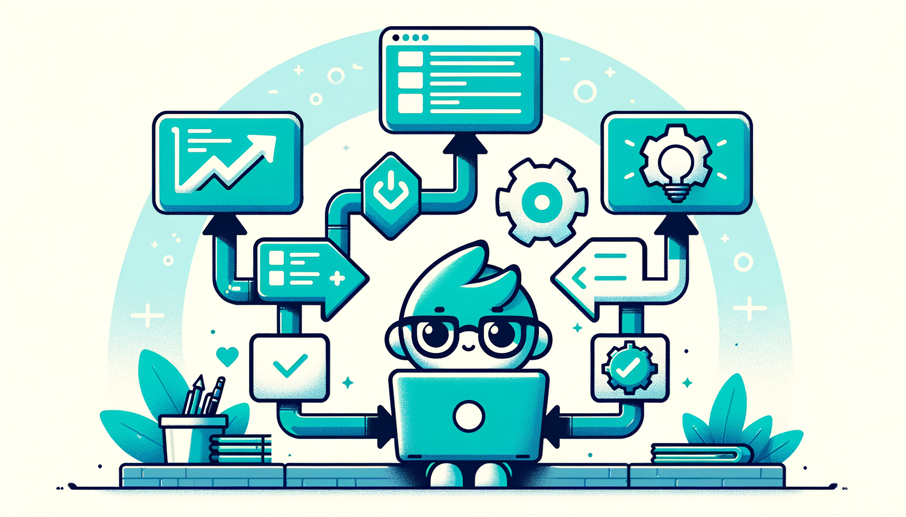 Illustration of a teal mascot character orchestrating an automated coding pipeline from a laptop