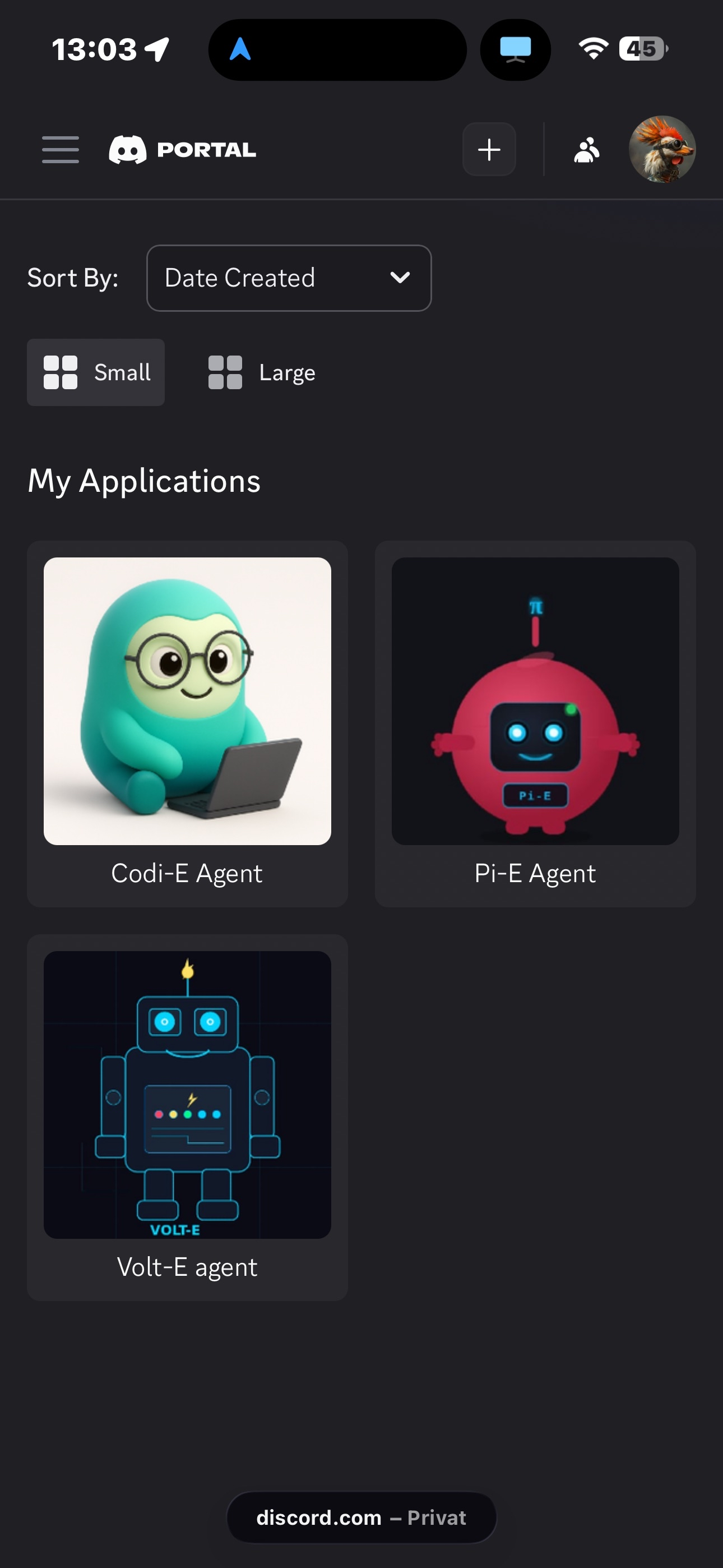 Discord Developer Portal showing the three bot applications: Codi-E Agent, Pi-E Agent, and Volt-E Agent with their mascot avatars