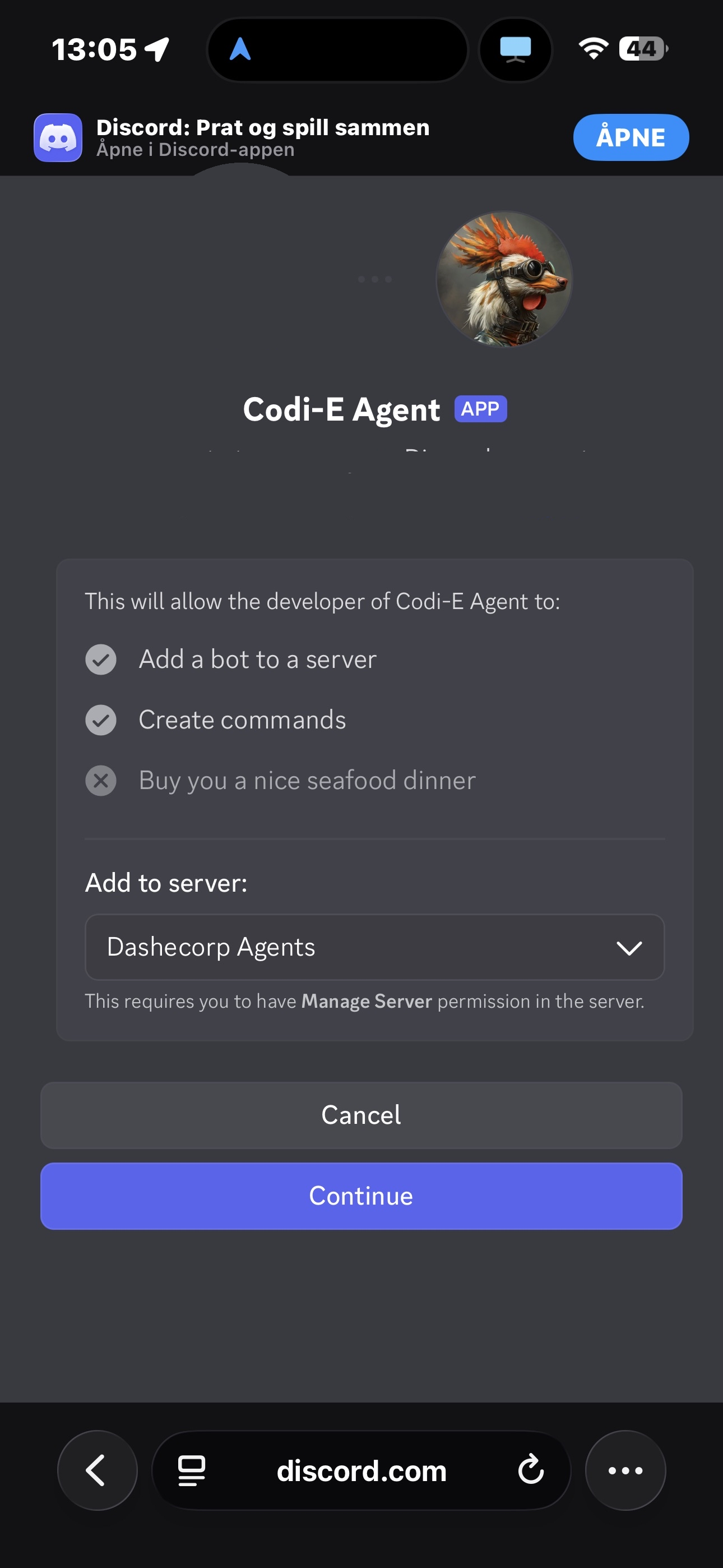 OAuth authorization screen for adding Codi-E Agent bot to the Dashecorp Agents server
