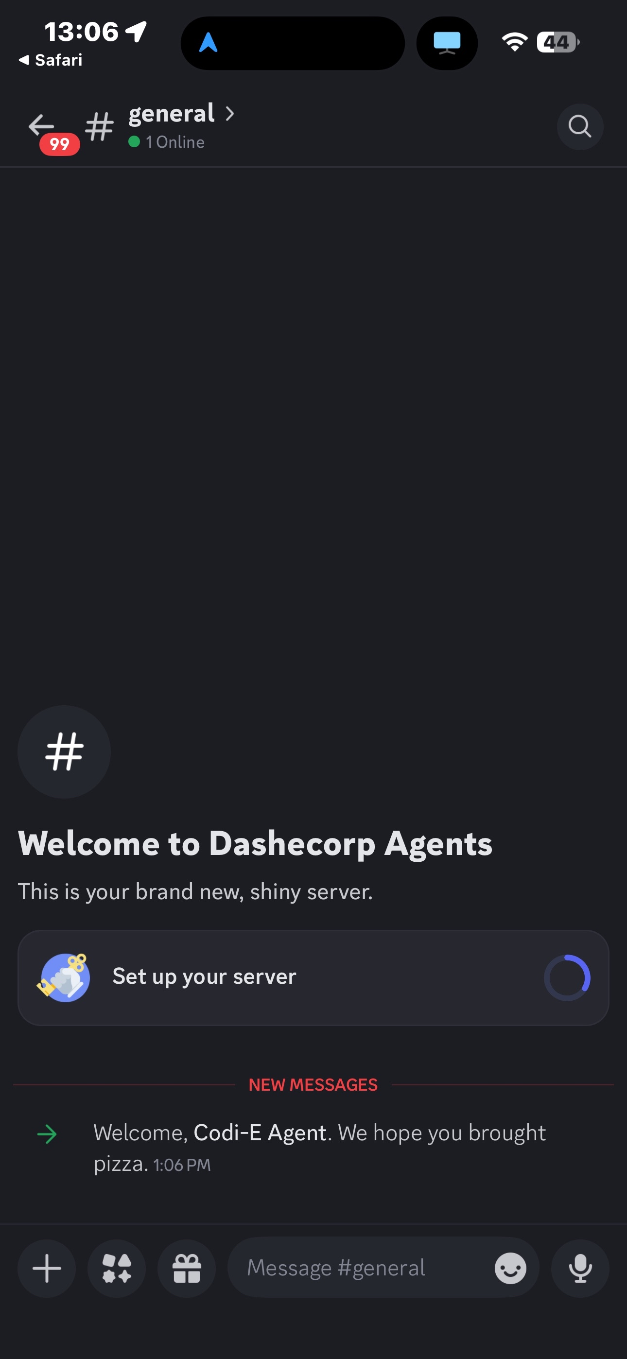 Fresh Dashecorp Agents Discord server showing the Welcome message and Codi-E Agent joining