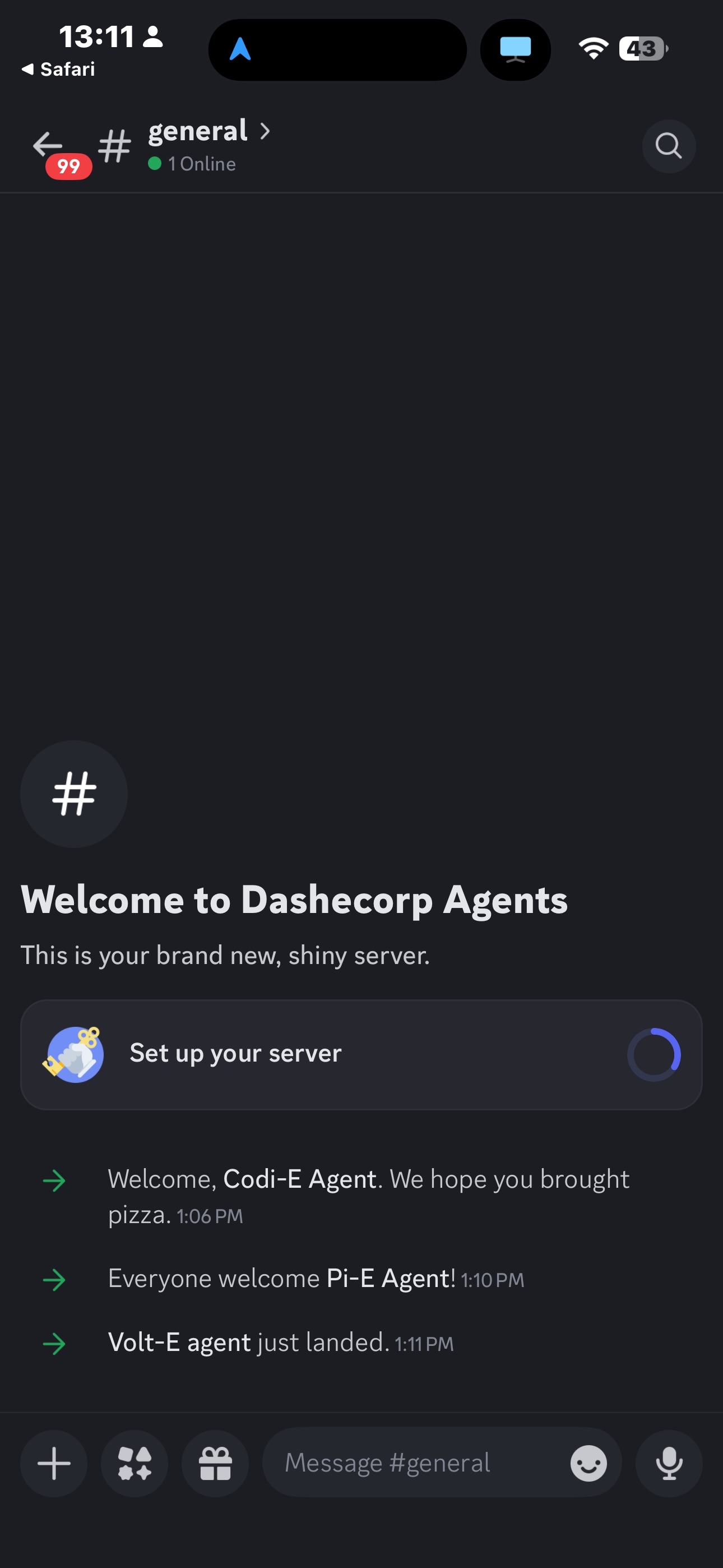 All three bots joined the #general channel - Codi-E Agent, Pi-E Agent, and Volt-E Agent