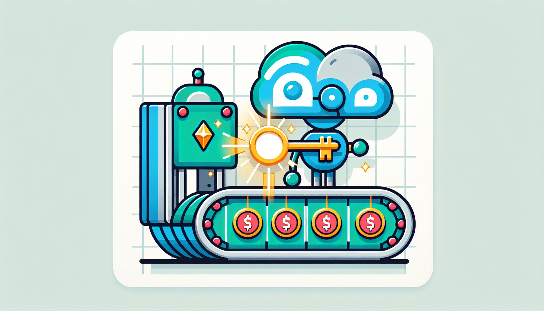 Illustration of a robot receiving a golden key from a cloud server, with a conveyor belt replacing expired tokens with fresh ones