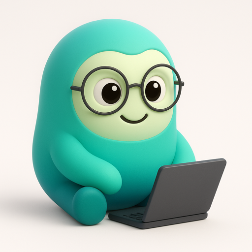 Codi-E mascot - teal character with glasses and laptop