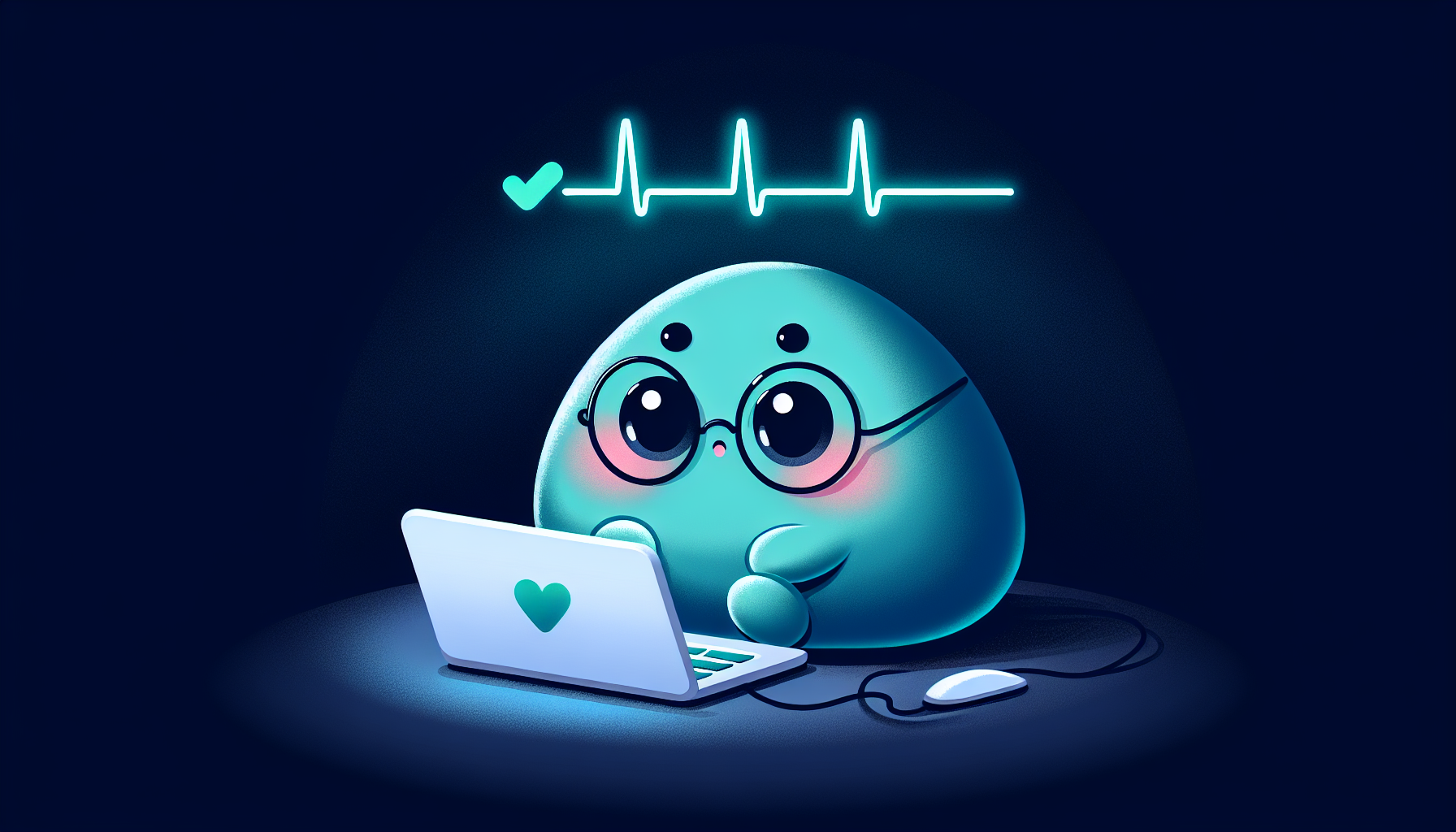 Codi-E checking a laptop with a heartbeat ECG line above, quiet monitoring in a dark room