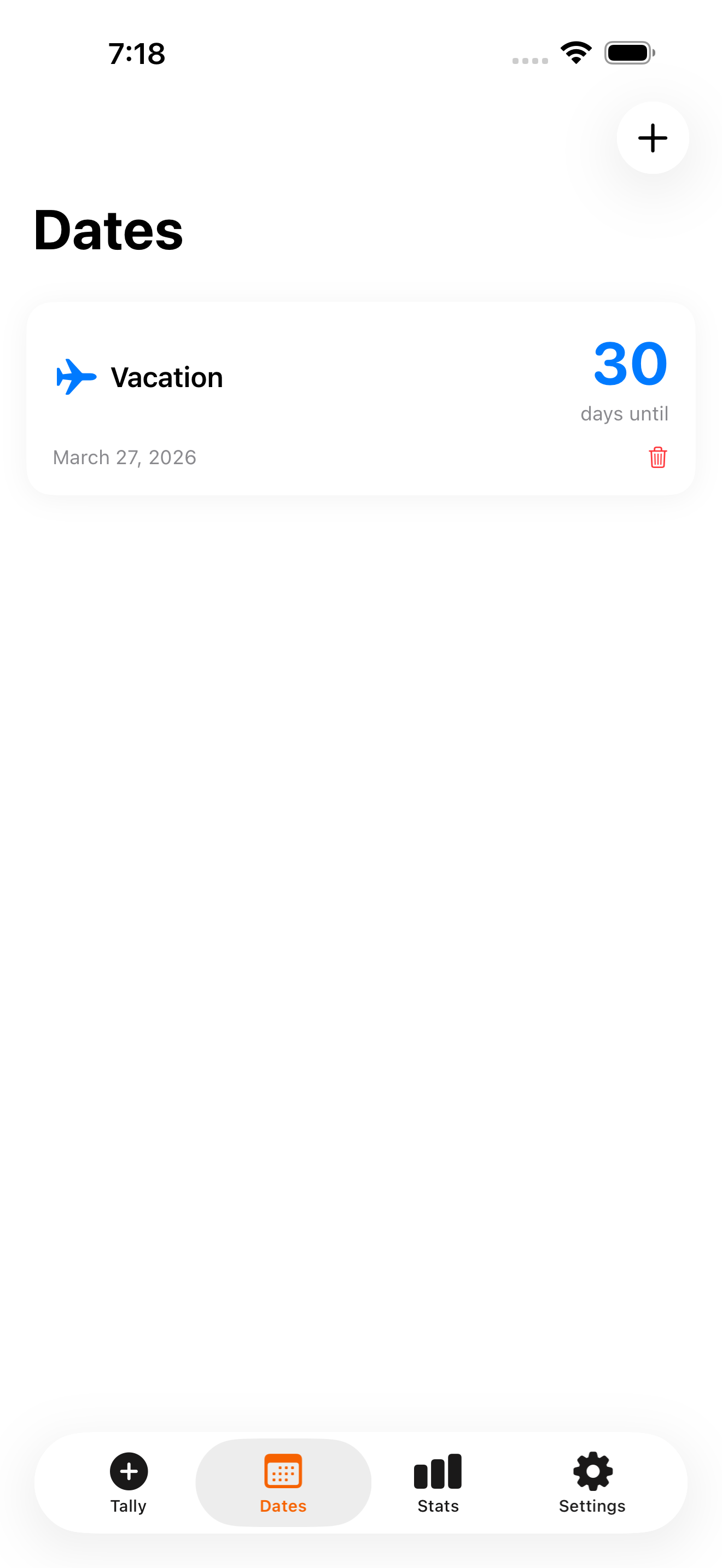 Dates tab for tracking countdowns and milestones