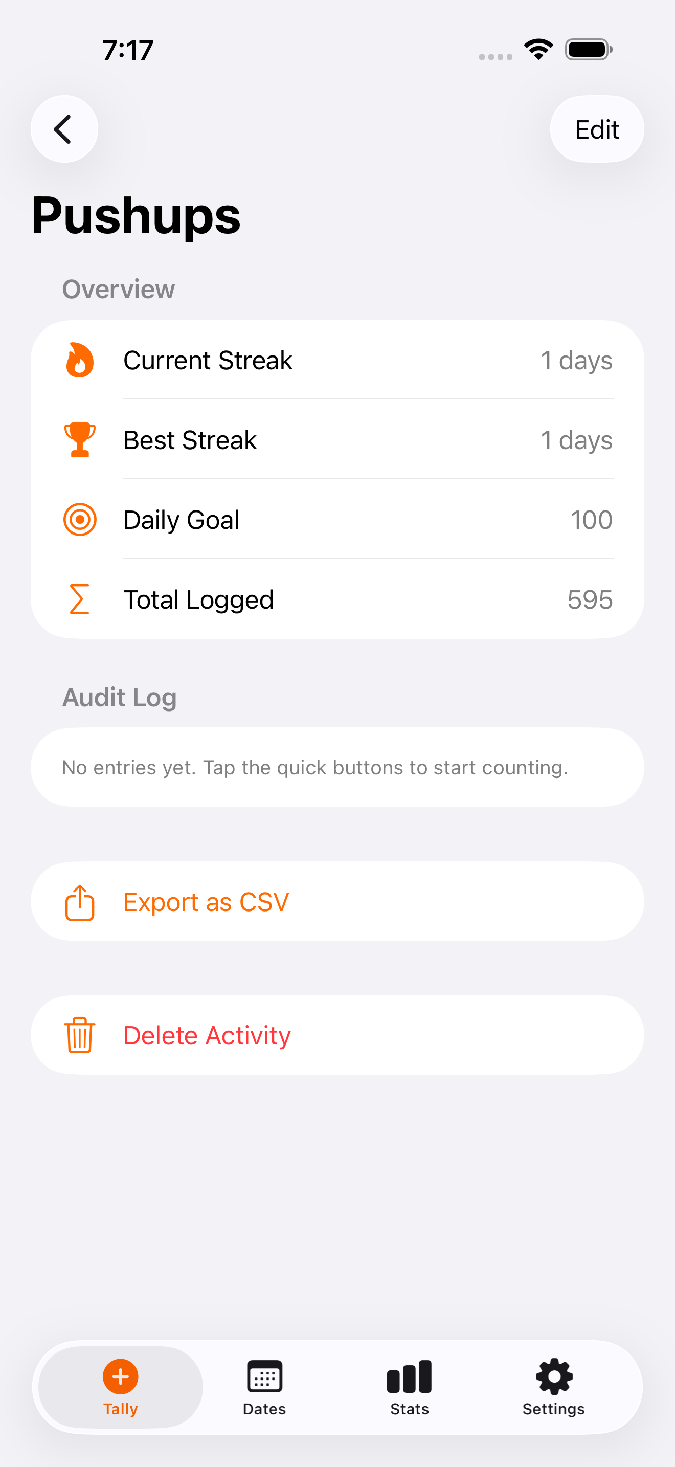 Activity detail view with streak stats and audit log
