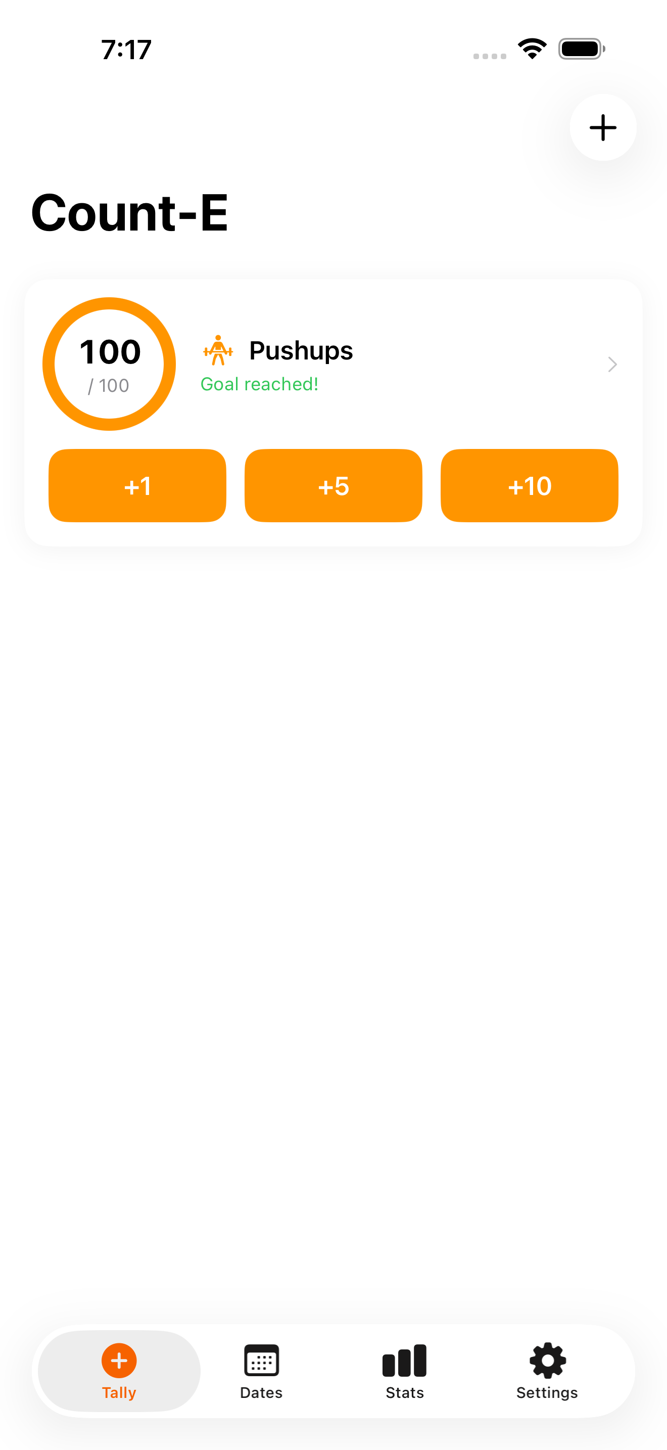 Tally screen with Pushups activity and progress ring
